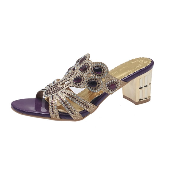 hoksml Women Multi Rhinestone Decor Open Back Block Heel Slide Sandals Open Toe Dress Party Casual
