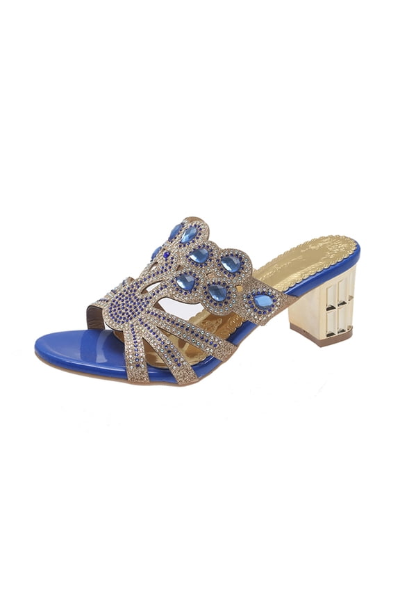 Women Multi Rhinestone Decor Open Back Block Heel Slide Sandals Open Toe Dress Party Casual