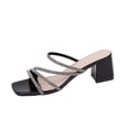 thumbnail image 1 of hoksml Women Multi Rhinestone Strap Block Heel Square Toe Slide Sandals Open Toe PU Slip On Summer Dress Shoes, 1 of 9