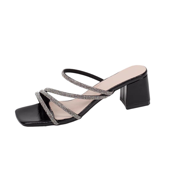 hoksml Women Multi Rhinestone Strap Block Heel Square Toe Slide Sandals Open Toe PU Slip On Summer Dress Shoes