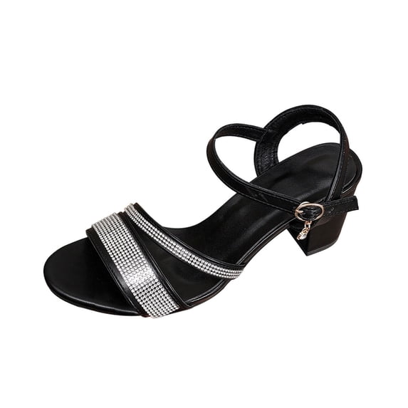 hoksml Women Open Toe Block Heel Ankle Strap Sandals, Rhinestone Double Band Adjustable Buckle Dress Heels