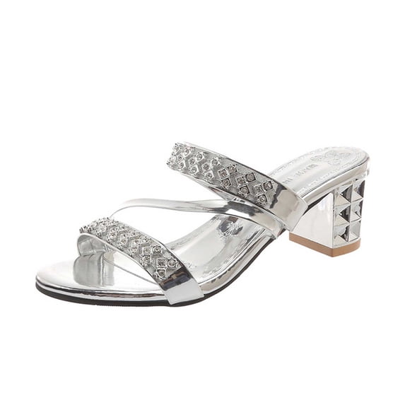 hoksml Women Open Toe Block Heel Mule Slides, Rhinestone Embellished Cross Strap PU Upper Slip On Dress Sandals