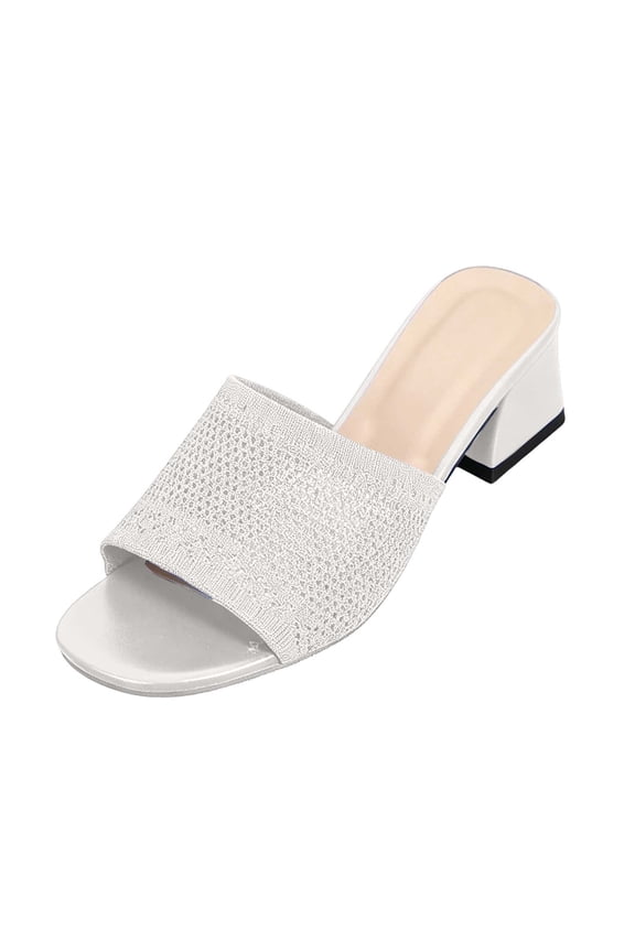 Women Open Toe Block Heel Slide Sandals, Breathable Mesh Upper Slip On Mid Heel Mule Sandals