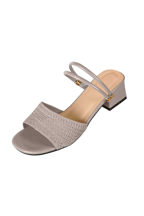 Women Open Toe Block Heel Slide Sandals, Mesh Upper Dual Back Strap Slip On Mid Heel Slingback Sandals
