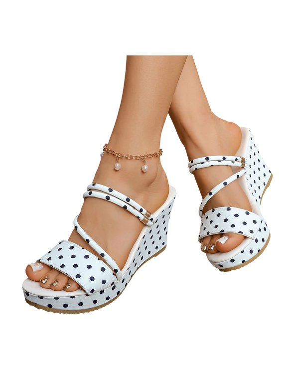 Women Open Toe Wedge Slide Sandals, Polka Dot Canvas Upper Fixed Double Strap Slip On Platform Sandals