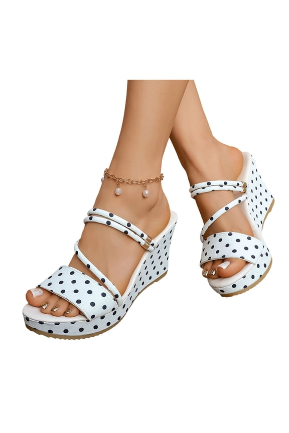 Women Open Toe Wedge Slide Sandals, Polka Dot Canvas Upper Fixed Double Strap Slip On Platform Sandals