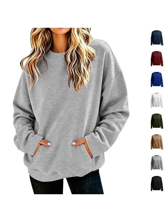 Women Oversized Crew Neck Sweatshirt, Long Sleeve Pullover Top with Side Pockets, Loose Fit Solid Color Casual Daily Wear Sweatshirt