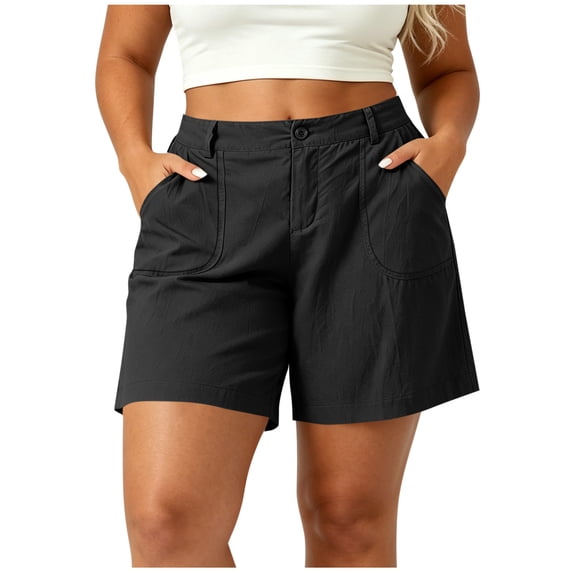 hoksml Women Plus Size Cotton Linen Casual Shorts with Pockets, Button Front Elastic Back Waist Summer Shorts