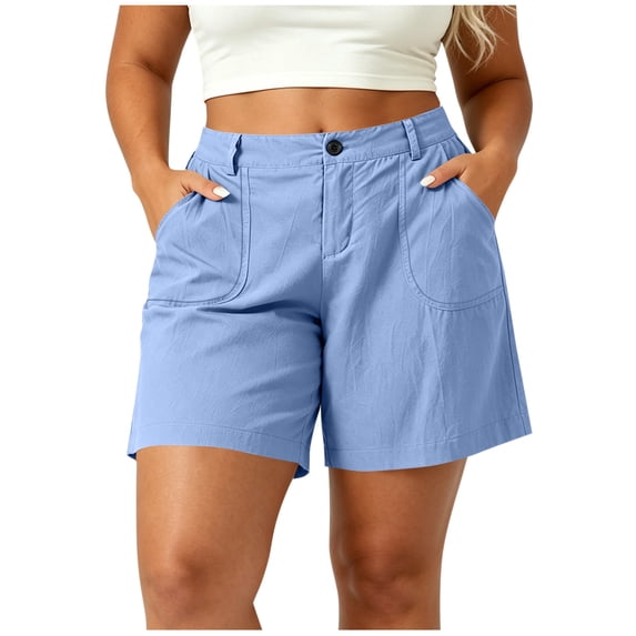 hoksml Women Plus Size Cotton Linen Casual Shorts with Pockets, Button Front Elastic Back Waist Summer Shorts
