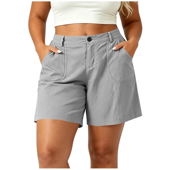 hoksml Women Plus Size Cotton Linen Casual Shorts with Pockets, Button Front Elastic Back Waist Summer Shorts