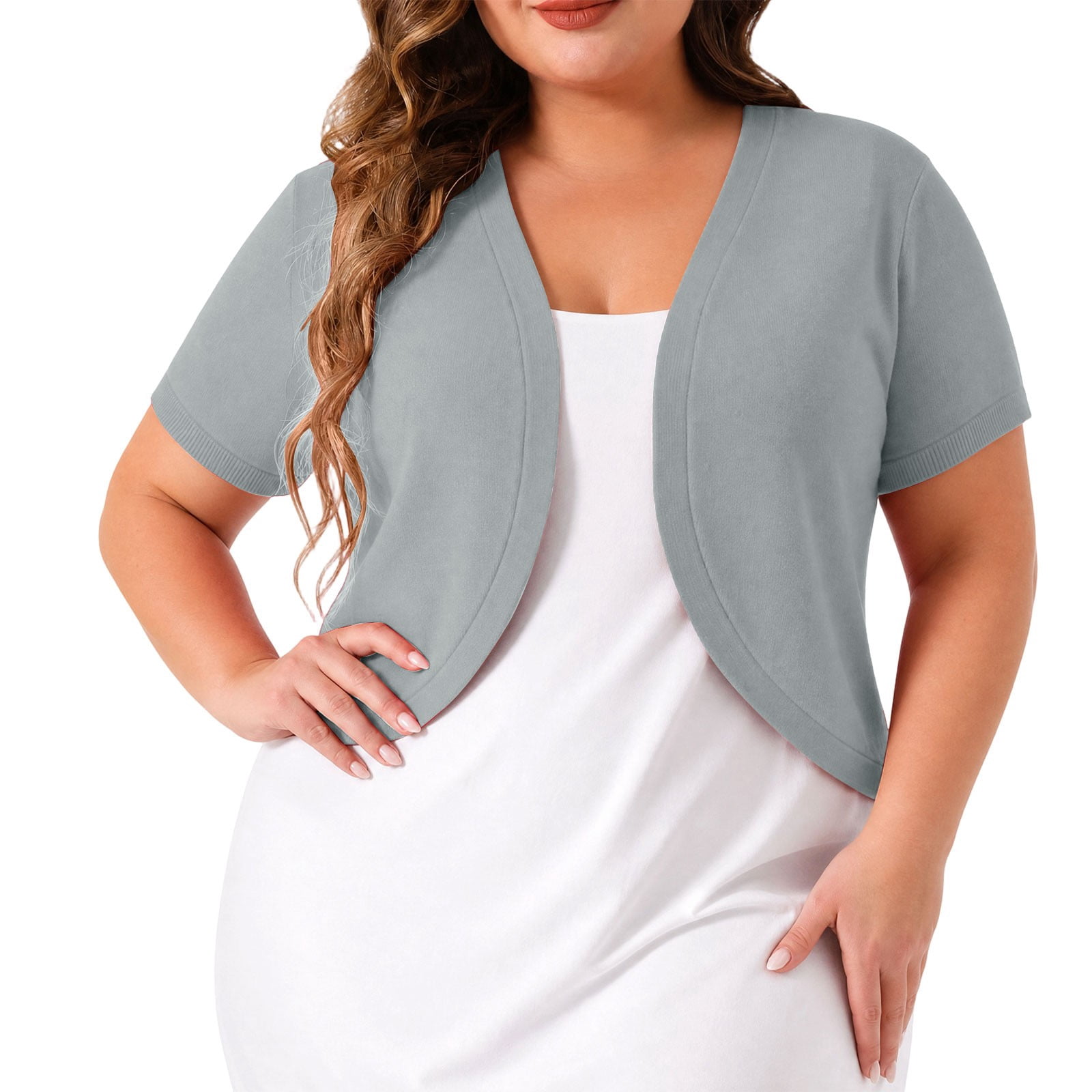 トップス draw drawers cardigan Arm Bolero gray hoksml Women Plus Size Short Sleeve Shrug Cardigan Open Front