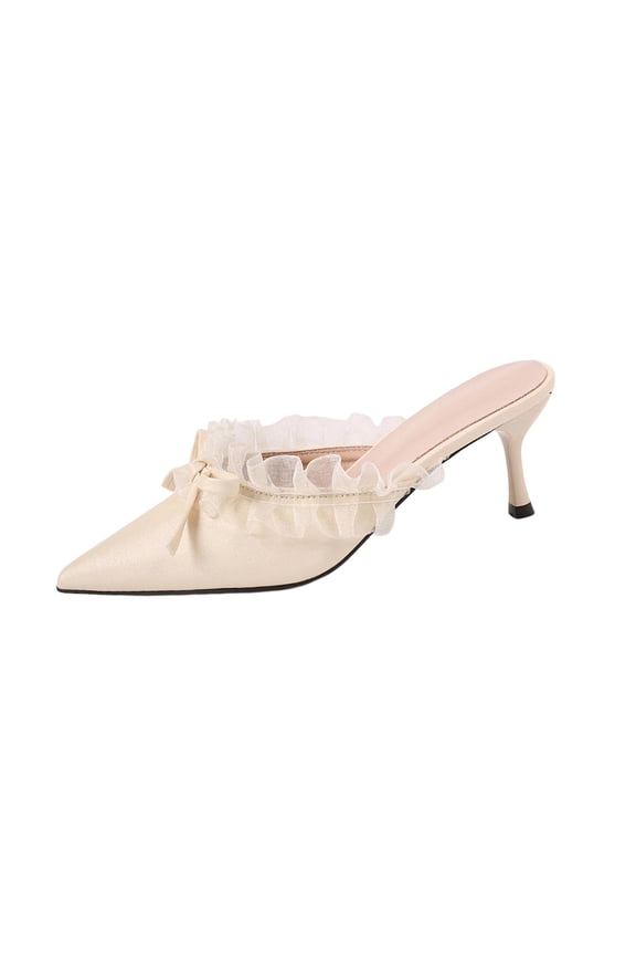 Women Pointed Toe Kitten Heel Mule Slides, Lace Ruffle and Bow Decor PU Upper Slip On Dress Mule Sandals