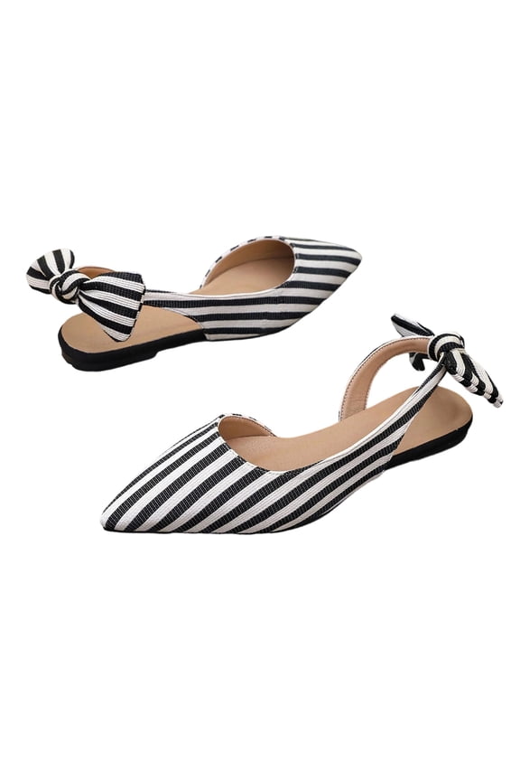 Women Pointed Toe Slingback Flat Flats, Striped Canvas Upper Back Bow Tie Slip On Casual Dress Shoes