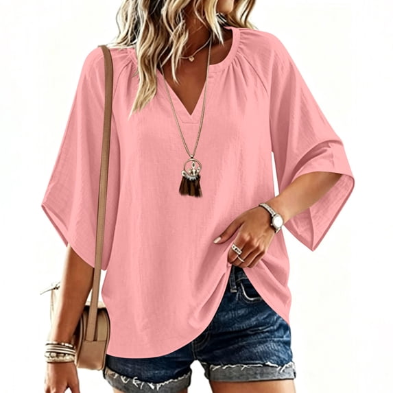 hoksml Women Raglan Gathered Notch V Neck Dolman Half Sleeve Blouse Cotton Linen Crinkle Loose Curved Hem Casual Top for Daily Vacation