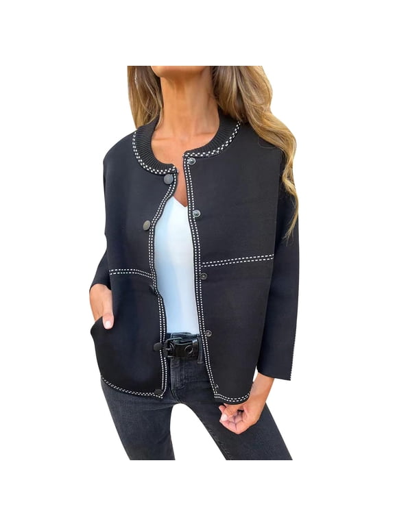 Women Round Neck Sweater Solid Color Snap Buttons Knit Cardigan Fall Winter Casual Long Sleeve Coat