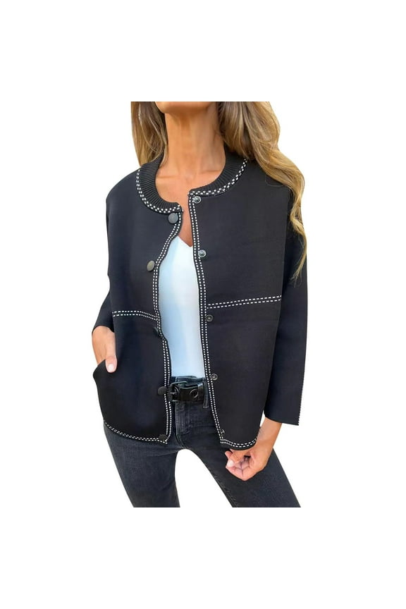 Women Round Neck Sweater Solid Color Snap Buttons Knit Cardigan Fall Winter Casual Long Sleeve Coat