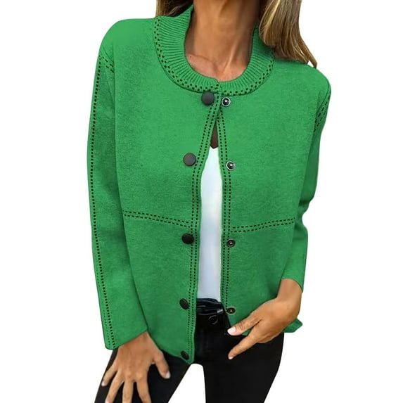 hoksml Women Round Neck Sweater Solid Color Snap Buttons Knit Cardigan Fall Winter Casual Long Sleeve Coat