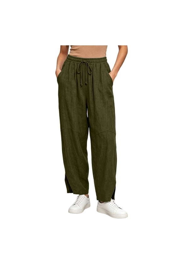 Women Seamed Ankle Slit Harem Pants Cotton Drawstring Elastic Waist Loose Casual Trousers for Daily Street Wear