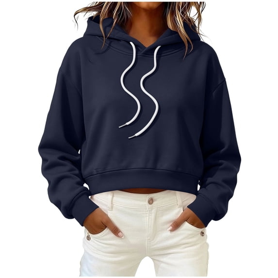 hoksml Women Solid Cropped Drawstring Hoodie Drop Shoulder Long Sleeve Pullover Sweatshirt for Casual Street Daily Wear
