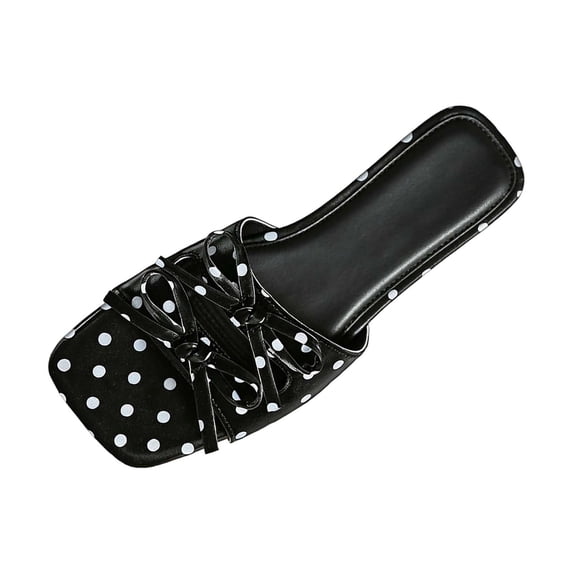 hoksml Women Square Open Toe Slide Sandals, Polka Dot Upper Multi Knotted Strap Slip On Flat Sandals