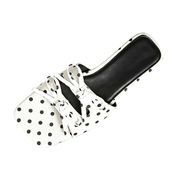 hoksml Women Square Open Toe Slide Sandals, Polka Dot Upper Multi Knotted Strap Slip On Flat Sandals