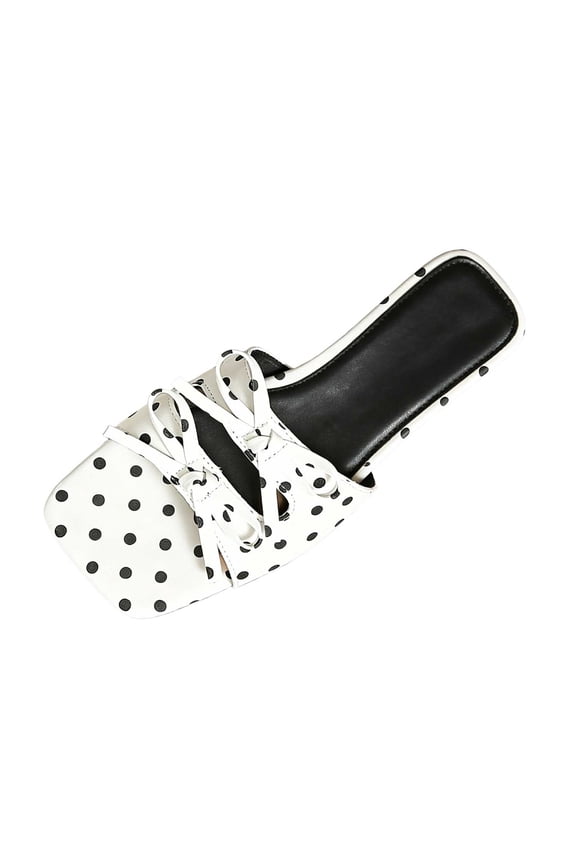 Women Square Open Toe Slide Sandals, Polka Dot Upper Multi Knotted Strap Slip On Flat Sandals