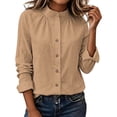 thumbnail image 1 of hoksml Women Stand Collar Gathered Neck Long Sleeve Shirt Cotton Linen Textured Button Down Blouse for Office Daily Travel, 1 of 9