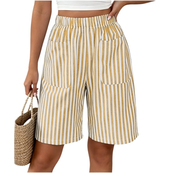 hoksml Women Striped Bermuda Shorts with Pockets, Elastic Waist Pull-On Casual Summer Shorts