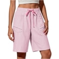 thumbnail image 1 of hoksml Women Striped Drawstring Pull-On Shorts, Elastic Waist Casual Bermuda Shorts with Pockets, 1 of 6