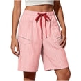 thumbnail image 1 of hoksml Women Striped Drawstring Pull-On Shorts, Elastic Waist Casual Bermuda Shorts with Pockets, 1 of 6