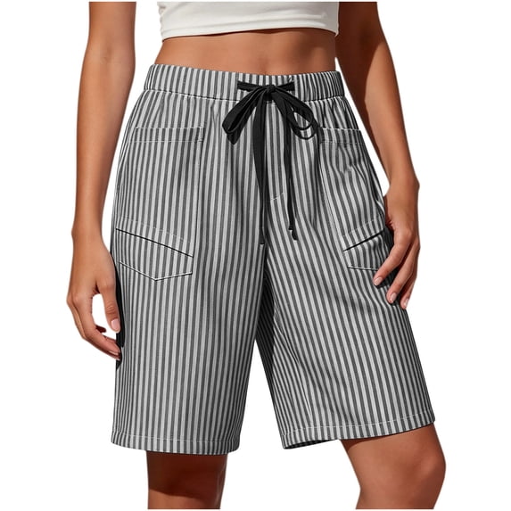 hoksml Women Striped Drawstring Pull-On Shorts, Elastic Waist Casual Bermuda Shorts with Pockets