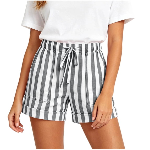 hoksml Women Striped Drawstring Shorts with Pockets, Elastic Waist Rolled Hem Casual Summer Shorts