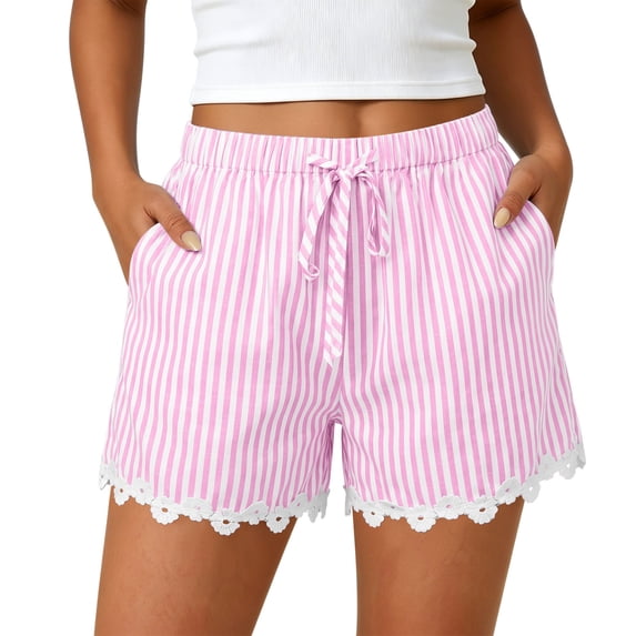 hoksml Women Striped Lace Trim Drawstring Shorts with Pockets, Elastic Waist Pull-On Casual Summer Shorts