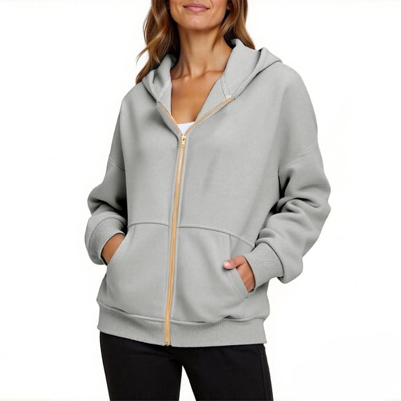 hoksml Women Sweatshirt Lightweight Fleece Hoodie Solid Color Fall Winter Fashion Long Sleeve Zip Up Jackets Clothing Top