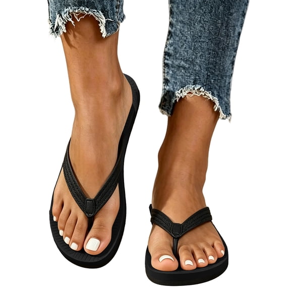 hoksml Women Textured Footbed Braided Strap Flat Thong Flip Flops Open Toe Summer Beach Casual