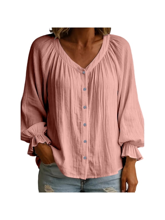Women V Neck Gathered Bubble Ruffle Sleeve Button Down Blouse Cotton Linen Loose Crinkle Textured Shirt for Office Vacation Daily