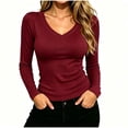 thumbnail image 1 of hoksml Women V Neck Ribbed Long Sleeve Top Slim Fitted Basic Tee for Daily Office Layering, 1 of 6
