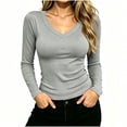 thumbnail image 1 of hoksml Women V Neck Ribbed Long Sleeve Top Slim Fitted Basic Tee for Daily Office Layering, 1 of 6