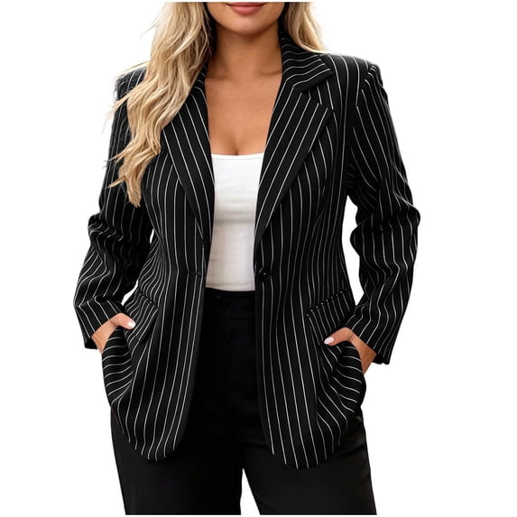 hoksml Women Vertical Stripe Blazer Jacket, Lapel One Button Long Sleeve Office Coat with Pockets, Relaxed Fit Business Casual Outerwear Top