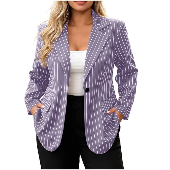 hoksml Women Vertical Stripe Blazer Jacket, Lapel One Button Long Sleeve Office Coat with Pockets, Relaxed Fit Business Casual Outerwear Top