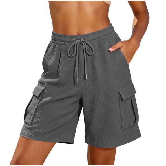 hoksml Women Waffle Knit Cargo Shorts with Pockets, Elastic Waist Drawstring Casual Summer Shorts