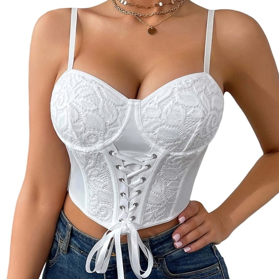 hoksml Women White Lace Corset Cami Top Steel Boned Lace Up Bustier Slim Crop Vest for Halloween Daily Club Party Dress Up