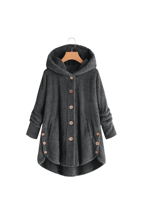 Women Winter Plus Size Fuzzy Fleece Coats Solid Hooded Button Pockets Loose Cardigan Wool Jacket Mid-length Tops S-5XL