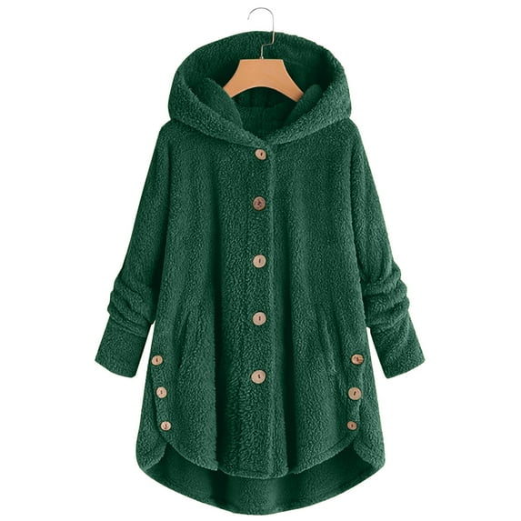 hoksml Women Winter Plus Size Fuzzy Fleece Coats Solid Hooded Button Pockets Loose Cardigan Wool Jacket Mid-length Tops S-5XL