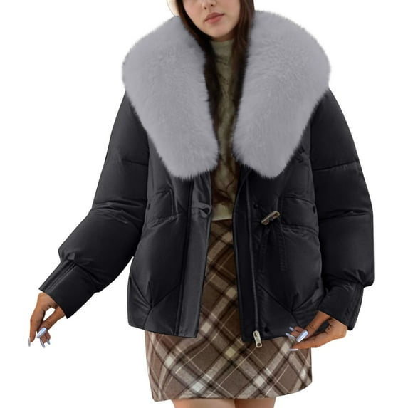 hoksml Women Winter Short Puffer Coat Casual Solid Color Long-sleeved Faux Fur Collar Jacket