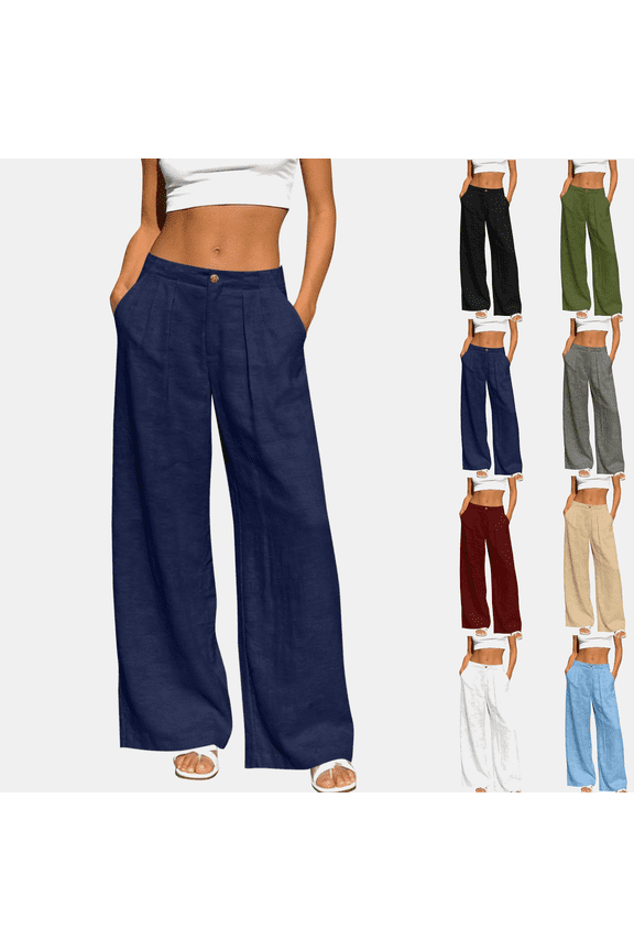 Women's 100% Cotton Wide Leg Pants, High Waist Tummy Control Casual Trousers, Breathable Summer Pants with Pockets, Button Fly,Navy