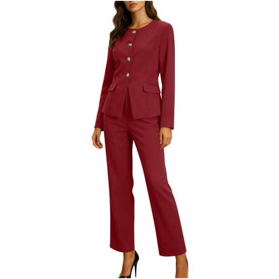 hoksml Women's 2-Piece Blazer Set, Long Sleeve Crewneck Button Jacket and Elastic Waist Trousers with Button, Solid Color Dressy Casual Suit for Work Office