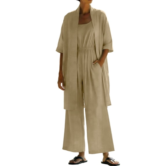 hoksml Women's 2 Piece Linen Set, Open Front Cardigan and Wide Leg Jumpsuit, Summer Outfits
