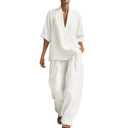 hoksml Womens 2 Piece Linen Set, Summer Vacation Outfits, V-Neck Batwing Sleeve Top and Wide Leg Pants