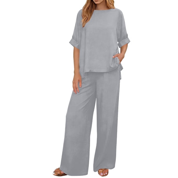 hoksml Women's 2-Piece Outfit Solid Round Neck Cuffed Sleeve Top and Wide Leg Pants Set